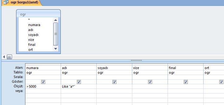 9 İşlem kısmı Numara alanının 5000den büyük aynı anda ismi a ile başlayan kayıtları