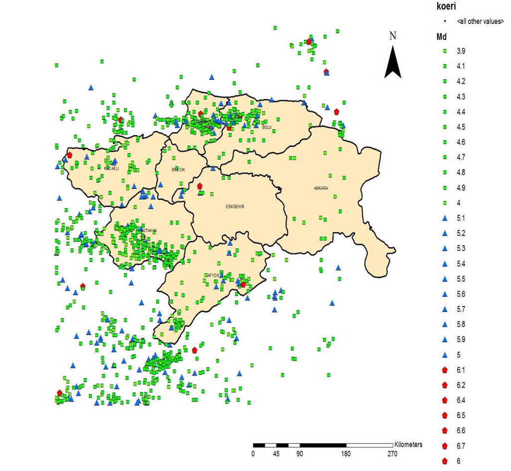 1.7. Depremler Enlemi 39.76 Derece Kuzey, Boylamı 3.51 Derece Doğu Olan Eskişehir İl Merkezine 5 km Yarıçapındaki (785 km 2 'lik Alana) Daire İçerisine Düşen 3.