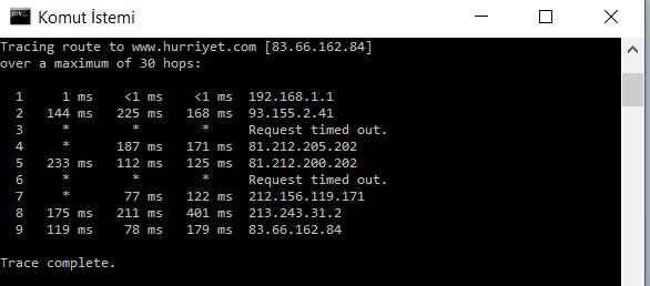 Tracert komutu tracert www.inria.