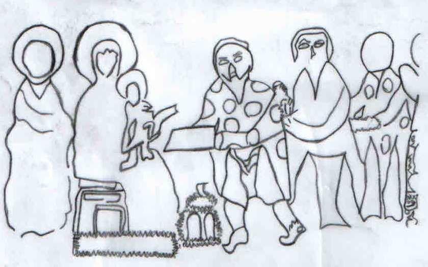 74 Sahne Şeması: Tonozun kuzey yarısında bulunan sahnenin merkezinde tahtta oturan Meryem ve kucağında İsa yer almaktadır. Meryem in hemen arkasında Yusuf figürü vardır.
