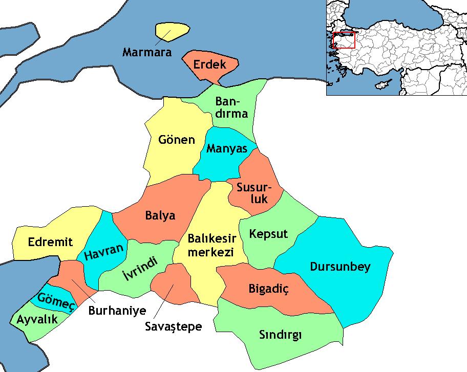 İdari bölünüş olarak Balıkesir ili; Altıeylül, Ayvalık, Balya, Bandırma, Bigadiç, Burhaniye, Dursunbey, Edremit, Erdek, Gömeç, Gönen, Havran, İvrindi, Karesi, Kepsut, Manyas, Marmara Adası,