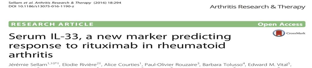 Serum IL 33, CCP, RF, IgG düzeyleri RTX öncesi ölçülüyor Kohort 1- gözlemsel çalışma; 111 RA ilk siklus 2 g RTX Kohort 2-