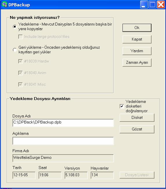 143 Veri koruma amacıyla yedekleme yapmak için S başlıklı menü içerisinde DPBackup komutuna tıklanır bu işlem yapıldığında ekrana Şekil 4.121 de görülen pencere açılır.