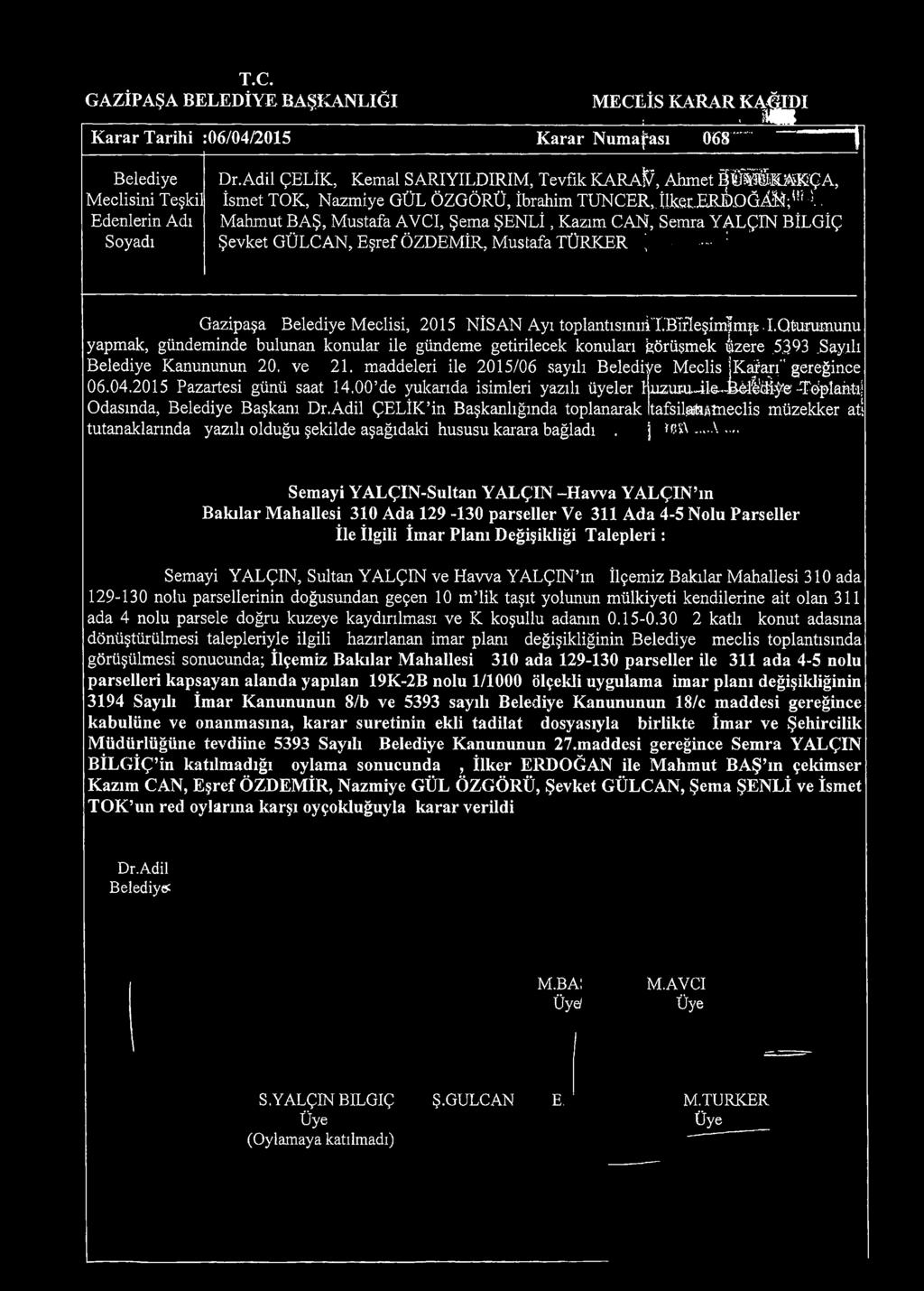 .. Mahmut BAŞ, Mustafa AVCI, Şema ŞEN Lİ, Kazım CAN, Semra YALÇIN BİLGİÇ Şevket GÜLCAN, EşrefÖZDEMİR, Mustafa TÜRKER ;... : Gazipaşa Belediye Meclisi, 2015 NÎSAN Ayı toplantısımıitbtfieşim?m k I.