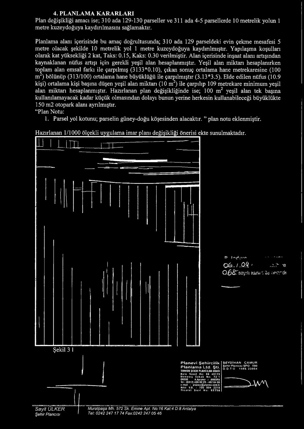 Yapılaşma koşulları olarak kat yüksekliği 2 kat, Taks: 0.15, Kaks: 0.30 verilmiştir. Alan içerisinde inşaat alanı artışından kaynaklanan nüfus artışı için gerekli yeşil alan hesaplanmıştır.