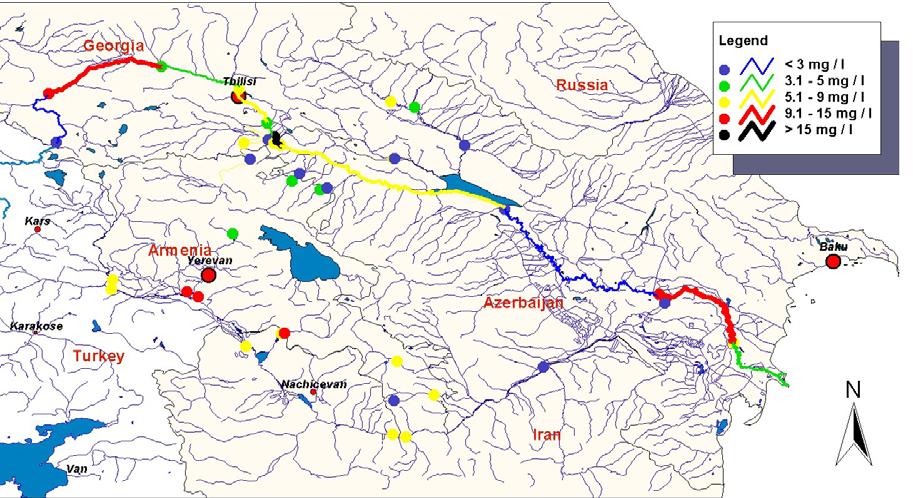 zamanı Şək. 11 nümunə xəritəsində göstərildiyi kimi səth suyunun keyfiyyət şərtlərində məkani fərqliliyi effektiv təqdim etmək və qiymətləndirmək üçün CİS-dən istifadə edilə bilər.