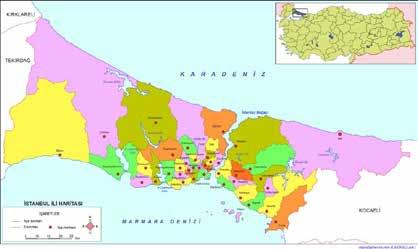 Şekil 1. Çalışmanın yapıldığı İstanbul ili ve ilçeleri (cografyaharita.