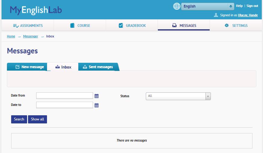 MyEnglishLab: Mesajlar Messages sayfasından dersinize kayıtlı diğer öğrencilere