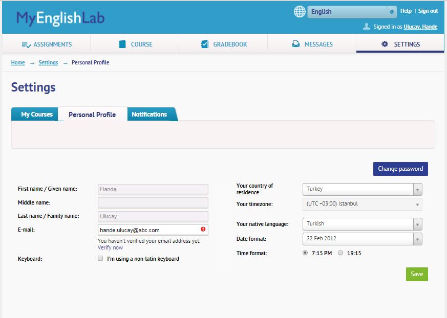 MyEnglishLab: Mesajlar Settings sayfasında kişisel bilgilerinizi değiştirebilir, My Courses sekmesi ile yeni bir derse kaydolabilirsiniz.