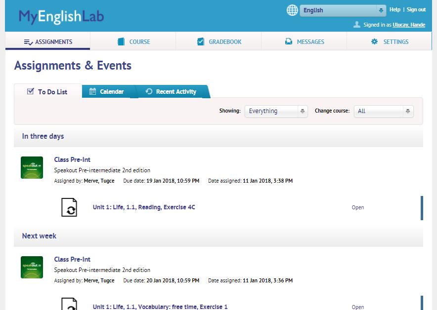 MyEnglishLab: Kullanım Öğretmeniniz tarafından tarafınıza atanmış ödevleri Assignments