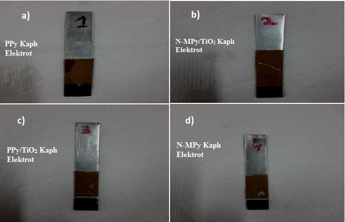 Şekil 4.10. a) PPy kaplamanın fotoğraf görüntüsü b) P(N-MPy) / TiO 2 kaplamanın fotoğraf görüntüsü c) PPy/TiO 2 kaplamanın fotoğraf görüntüsü d) P(N-MPy) kaplamanın fotoğraf görüntüsü 4.4. PPy, PPy /TiO 2, P(N-MPy) ve P(N-MPy)/TiO 2 nanokompozit filmlerinin karakterizasyon yöntemleri Şekil 4.