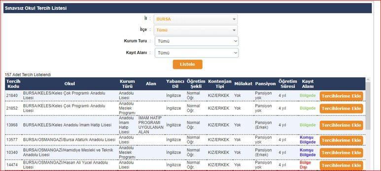 Yerel Yerleştirme (Tercihlerin Alınması) Listelenen Okullardan Kayıt Alanında, Komşu Kayıt