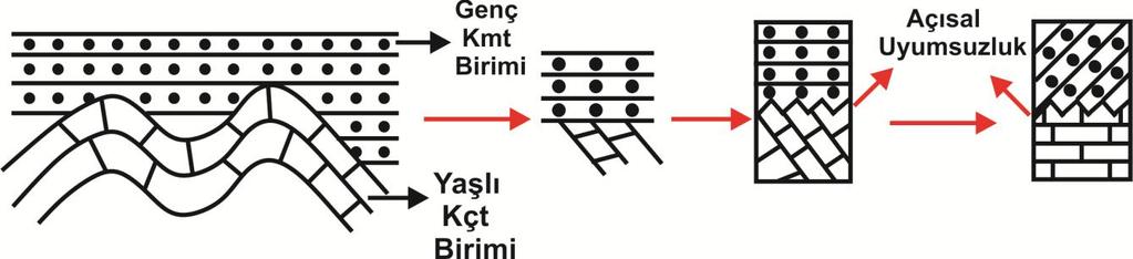 Uyumsuzluk Çeşitleri: Arazide uyumsuz ilişkilerin görünümü başlıca dört çeşittir ve ilk üçü sedimanter kayaçlar arasında, dördüncüsü ise sedimanter+mağmatik+metamorfik kayaçlar arasında söz konusudur.