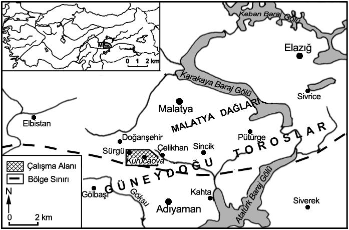F.Ü.Sosyal Bilimler Dergisi 2008 18 (2) Key Words: Kurucaova, East Anatolian Fault Zone (EAFZ), Sürgü Fault. 1. Giriş İnceleme alanı Doğu Anadolu Bölgesinde, Yukarı Fırat Bölümü nün Güneydoğu Toroslar Yöresi sınırları içerisinde yer almaktadır.