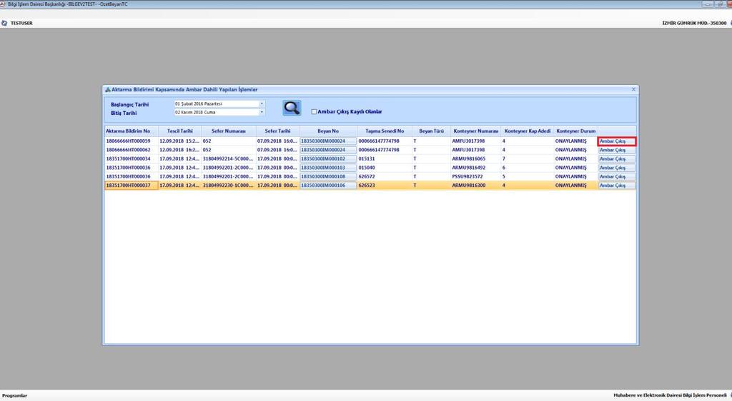 Bu aşamadan sonra hazır hale getirilen ambar çıkışı için ilgili memur tarafından Özet Beyan TC-Ambar İşlemleri sekmesinden beyanname no alanına HT li beyan yazılmak suretiyle ambar çıkış işlemi