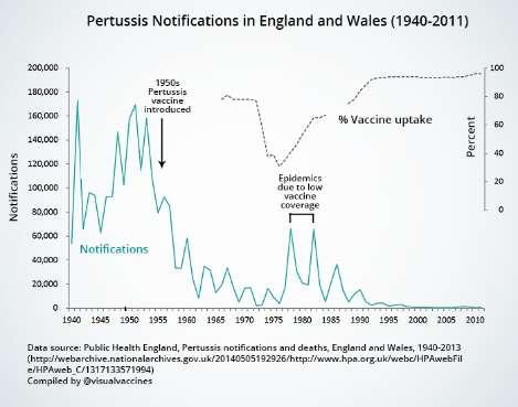 Şekil 4. İngiltere de ve Wales te 1940-2010 Arasında Boğmaca Aşılanma Oranı ve Salgın ilişkisi.