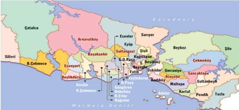 Harita 2 - İstanbul'un İlçelerinin Konumları 4.1.2 - Bahçelievler İlçesi 1992'de Bakırköy'den ayrılarak ilçe olmuştur.
