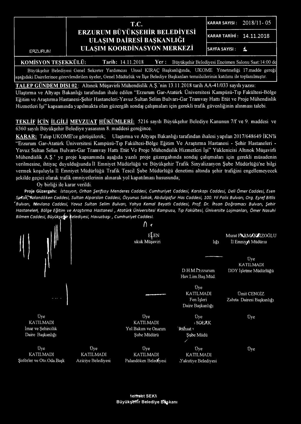 ERZURUM T.C. KARAR SAYISI : 2018/11-05 KARAR TARİHİ : 14.11.2018 SAYFA SAYISI : i KOMİSYON TEŞEKKÜLÜ: Tarih: 14.11.2018 Y er: Büyükşehir Belediyesi Encümen Salonu Saat: 14:00 de Büyükşehir Belediyesi Genel Sekreter Yardımcısı Unsal KIRAÇ Başkanlığında, UKOME Yönetmeliği 17.