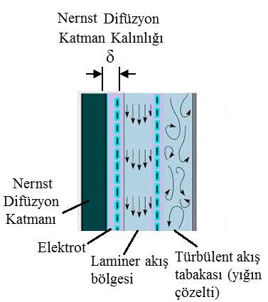 8 Şekil 2.1. Elektrot yüzeyindeki tabakaların şematik olarak gösterilmesi Türbülent akış bölgesi, elektrottan uzak çözelti yığınında gözlenir ve sıvı hareketinin düzenli bir akış modeli yoktur.