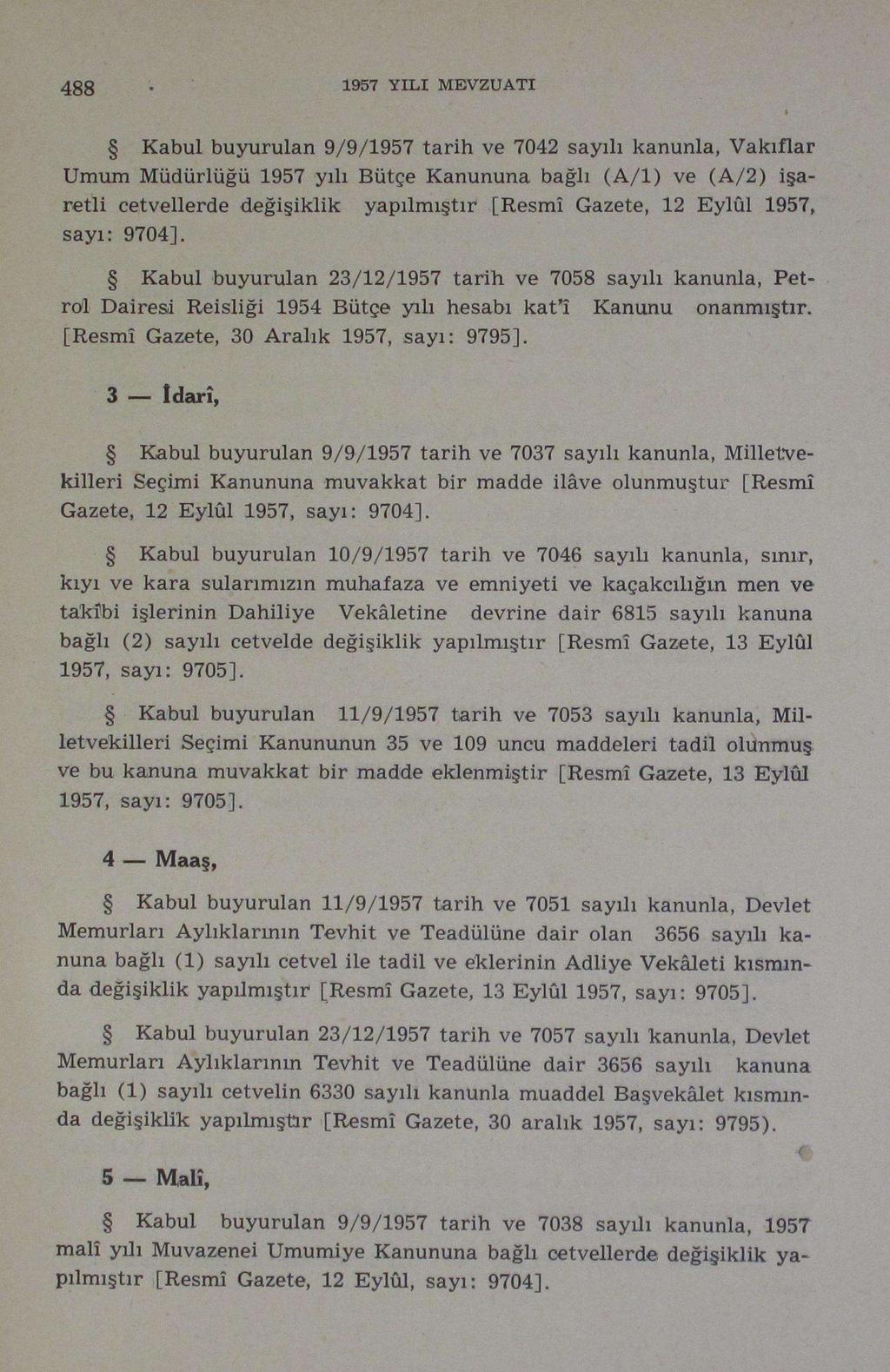 488 1957 YILI MEVZUATI i Kabul buyuruları 9/9/1957 tarih ve 7042 sayılı kanunla, Vakıflar Umum Müdürlüğü 1957 yılı Bütçe Kanununa bağlı (A/l) ve (A/2) işaretli cetvellerde değişiklik yapılmıştır