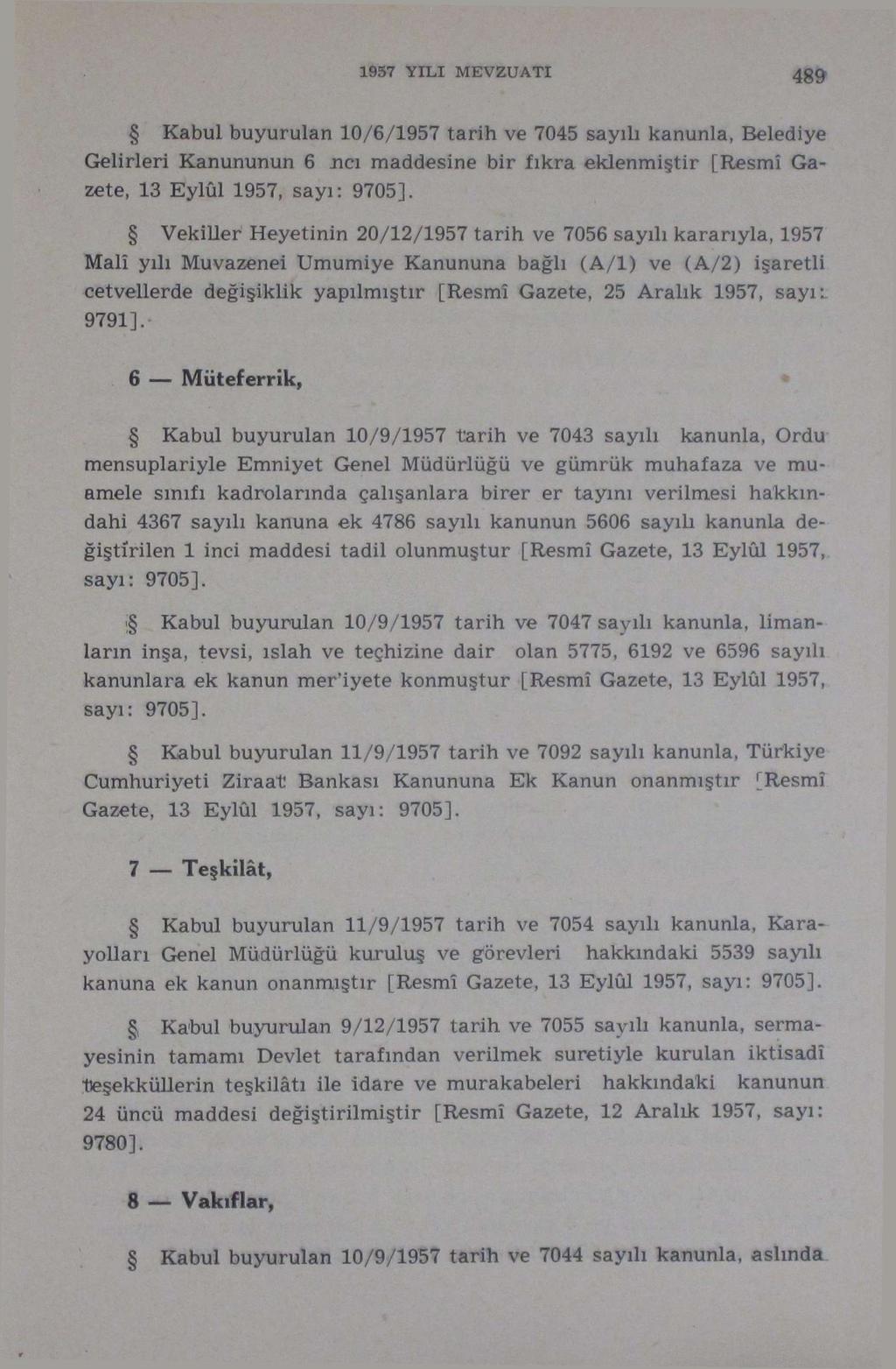 1957 YILI MEVZUATI 489 Kabul buyuruları 10/6/1957 tarih ve 7045 sayılı kanunla, Belediye Gelirleri Kanununun 6 ııcı maddesine bir fıkra eklenmiştir [Resmî Gazete, 13 Eylül 1957, sayı: 9705].