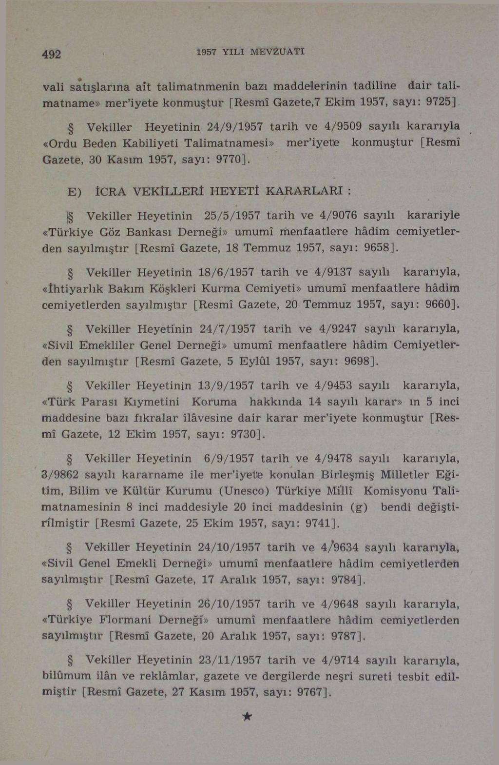 492 1957 YILI MEVZUATI vali satışlarına aît talimatnmenin bazı maddelerinin tadiline dair talimatname» mer'iyete konmuştur [Resmî GazeteJ Ekim 1957, sayı: 9725] Vekiller Heyetinin 24/9/1957 tarih ve