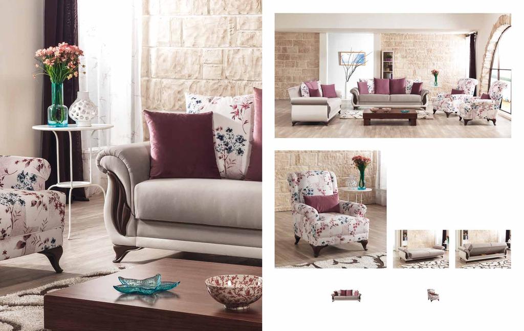 Urla. Koltuk Takımı / Sofa Set Kol dışlarında kullanılan kapitone desenli derisi, ahşap görünümlü klapaları,takımla uyumlu hatlara sahip berjer modülü ile mekanları