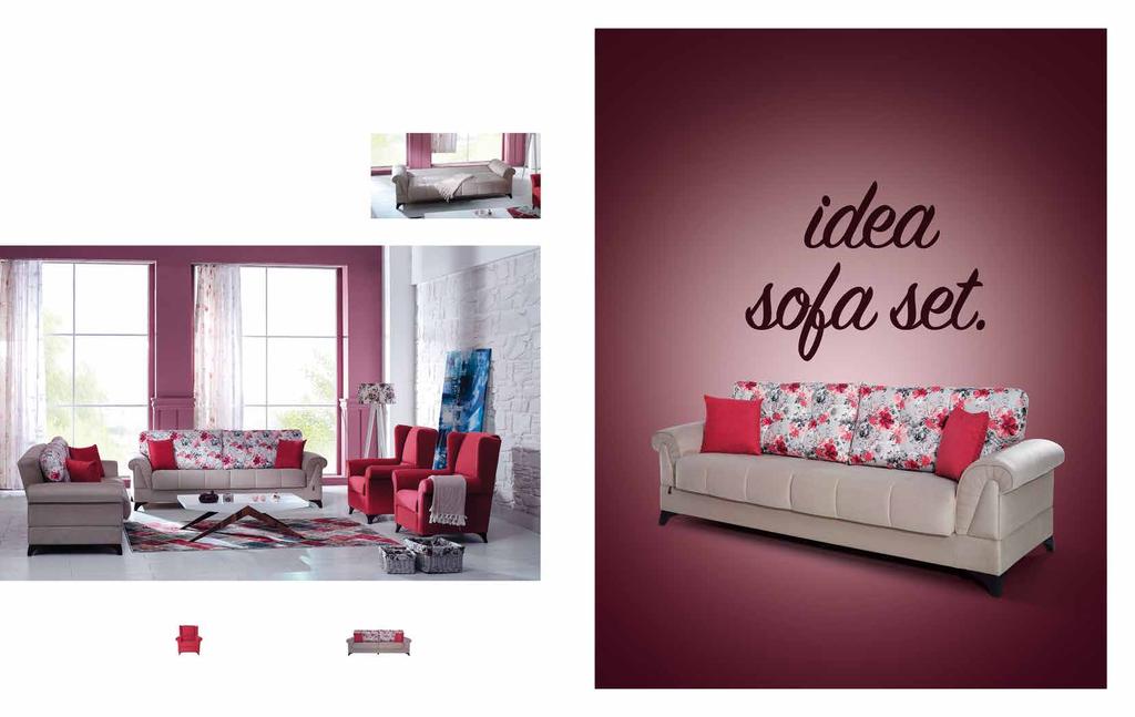 İdea. Koltuk Takımı / Sofa Set Ekstra konfor sağlayan özel çiçekli desen sırt minderleri, desenlerle süslenmiş gövdesi ve kollardaki özel dikişleri, tamamıyla rahatlığınız ve göz zevkiniz düşünülerek