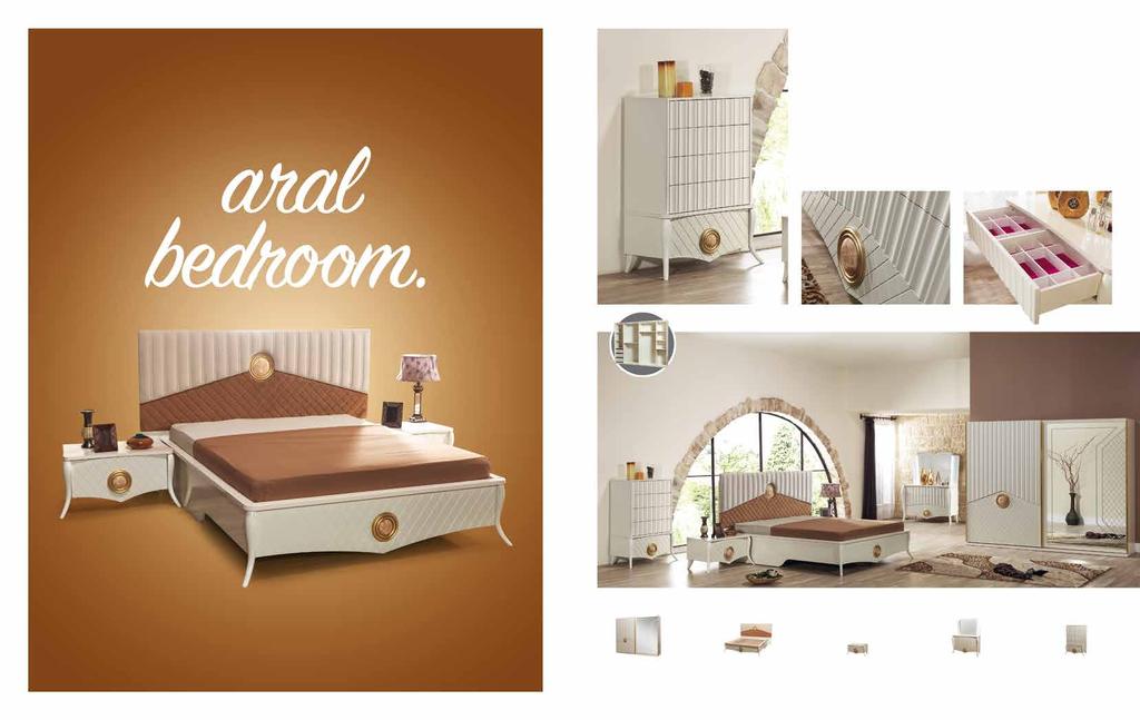 Aral. Yatak Odası / Bedroom Set Ahşabı tamamlayan mermer desenli aksesuarlar, özel tasarım ayak detayları ile sade ama göz dolduran bir yatak odası takımı. G.W.2700 Y.H.