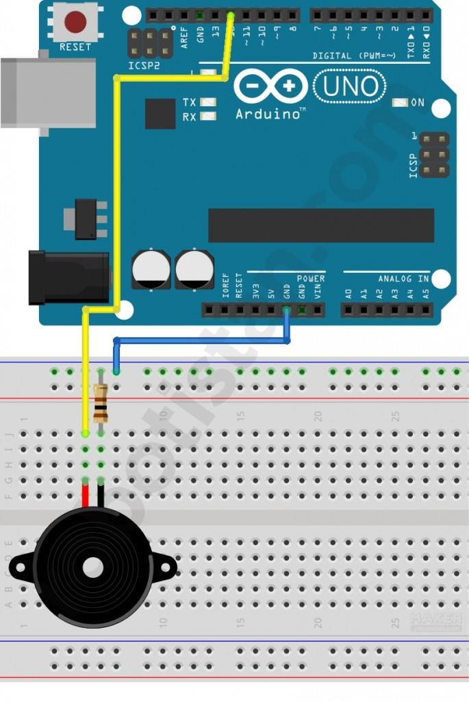 DEVRE ŞEMASI: Şekil 9. Arduino yardımı ile buzzer kullanarak ses üretme bağlantı şeması. İŞLEM ADIMLARI: 1. Breadboard üzerine bir buzzer ve direnci, yukarıda verilen şemada görüldüğü gibi bağlayınız.