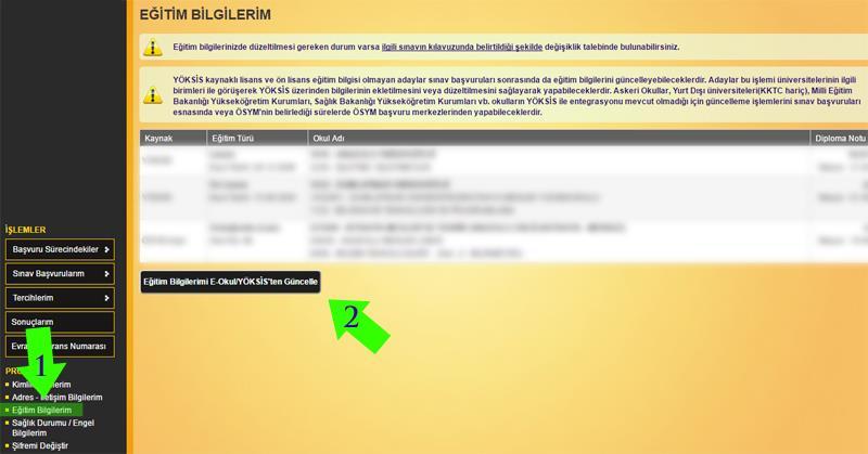 Mezuniyet bilgisi Üniversite tarafından güncellenen mezunlar ÖSYM nin aday işlemleri sisteminden başvuru yapıyorsa aşağıdaki ekran alıntısında