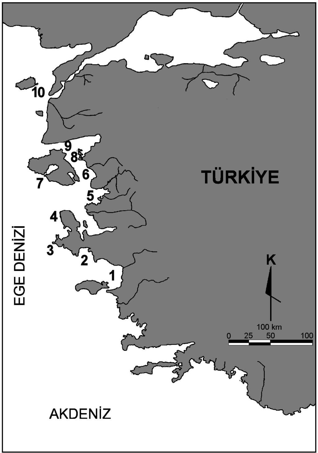 210 Meriç vd. / Yerbilimleri, 2018, 39 (3), 207-220 Şekil 1. Doğu Ege Denizi-Türkiye kıyılarındaki termal su çıkış yerleri: 1. Kuşadası Körfezi, 2. Doğanbey Burnu, 3. Çeşme-Ilıca Koyu, 4.