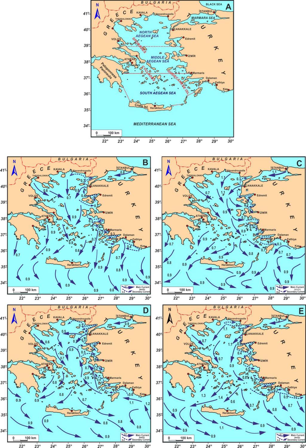 214 Meriç vd. / Yerbilimleri, 2018, 39 (3), 207-220 Şekil 2. Ege Denizi mevsimsel akıntıları.