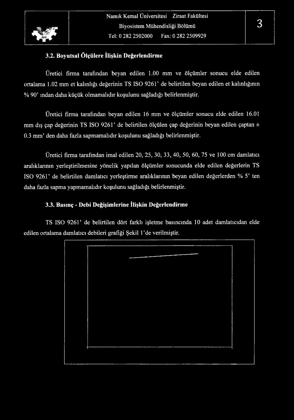 Üretici firma tarafından beyan edilen 16 mm ve ölçümler sonucu elde edilen 16.01 mm dış çap değerinin TS ISO 9261 de belirtilen ölçülen çap değerinin beyan edilen çaptan ± 0.