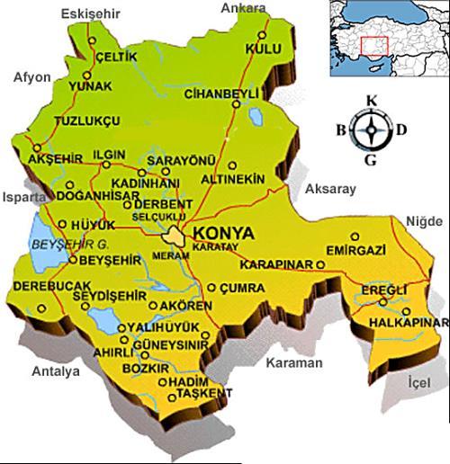 1.1 Araştırma Sahasını Coğrafik Konumu Konya, coğrafi olarak 32:31 E, 37:52 N enlem ve boylamları arasında yer alır. 38 873 km² yüzölçümüne sahiptir.