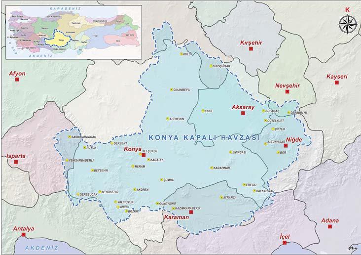 2.1 Coğrafi ve İdari Sınırlar Konya Kapalı Havzası, Türkiye deki 25 akarsu havzasından biri tanesidir. Havza, Orta Anadolu Bölgesi nde yaklaşık 5.