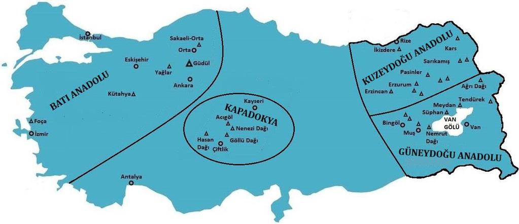 Başlangıçtan Orta Demir Çağı na Kadar Dağlık Doğu Anadolu nun Sosyo - Ekonomik Yapısı Resim 3: Anadolu Coğrafyasındaki Obsidyenler Yataklarının Dağılımı (Harita Tarihçi Erol Yılmaz tarafından