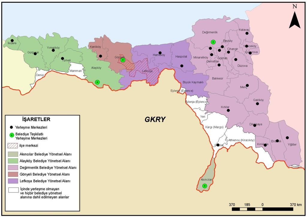 Şekil 1. Lefkoşa İlçesi belediye yönetsel alan sınırları haritası. Kaynak: KKTC Harita Dairesi, KKTC Yerel Yönetim Haritası, 2006.
