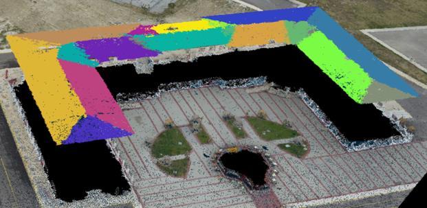 RANSAC algoritmasi açık kaynak kodlu cloud compare yazılımında başarıyla uygulanmış ve bina çatı yüzeylerine ait noktalar bulunmuştur (şekil 2).