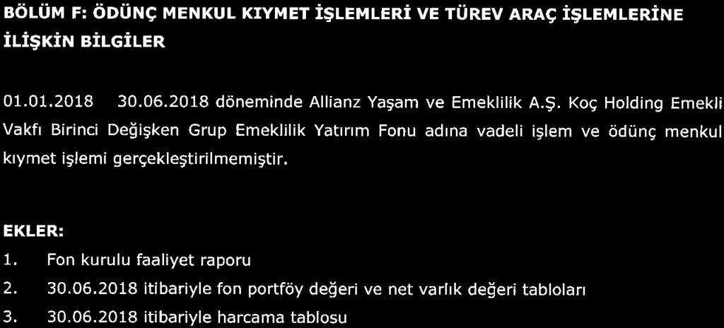 Koç Holding Emekli Vakfı Birinci Değişken Grup Emeklilik Yatırım Fonu adina vadeli işlem ve ödünç menkul kıymet işlemi gerçekleştirilmemiştir.