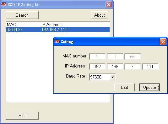 5. adım: Ethernet kartı için IP adres ve baud rate i ayarlamak için istenen Ethernet kartını klikleyerek Setting