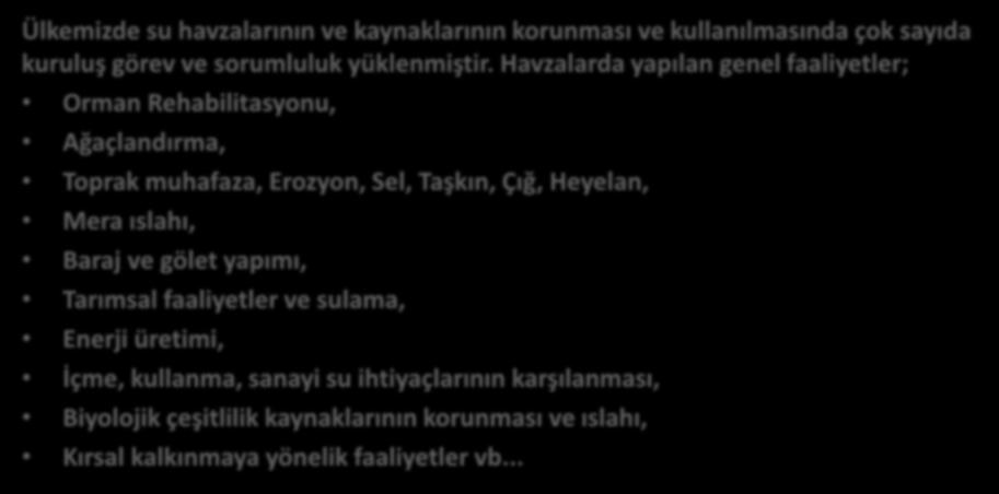 Havzalarda Uygulanan Genel Proje Faaliyetleri Ülkemizde su havzalarının ve kaynaklarının korunması ve kullanılmasında çok sayıda kuruluş görev ve sorumluluk yüklenmiştir.