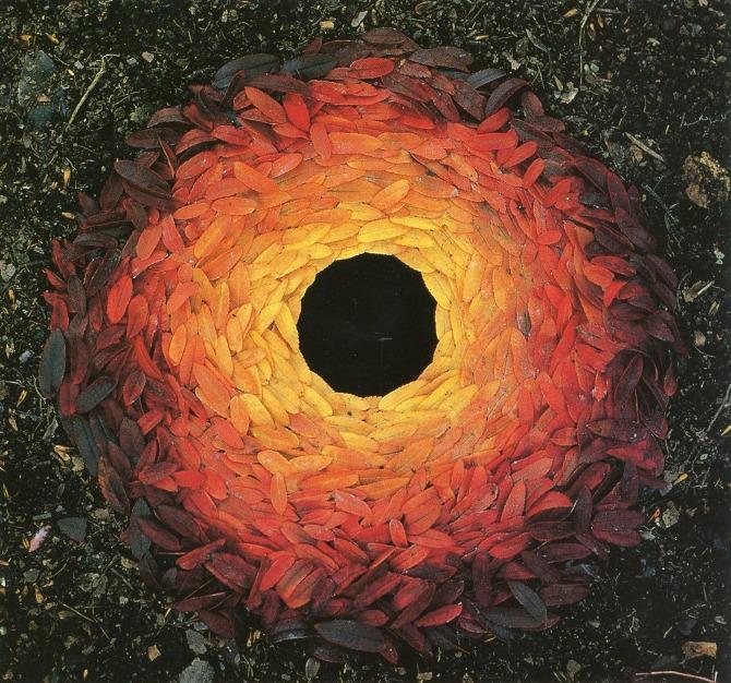 Resim 3.2. Andy Goldsworty, Rowan Leaves & Hole, 1987, Yorkshire Sculptue Park Doğanın ölümlü olması nedeniyle sanatçı çalışmalarının kalıcılığını fotoğraf makinesi kullanarak sağlamaktadır.