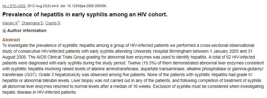 Prevalence of hepatitis in early sy 62 HIV enfekte hasta, erken evre sifiliz 12 sinde (%19.