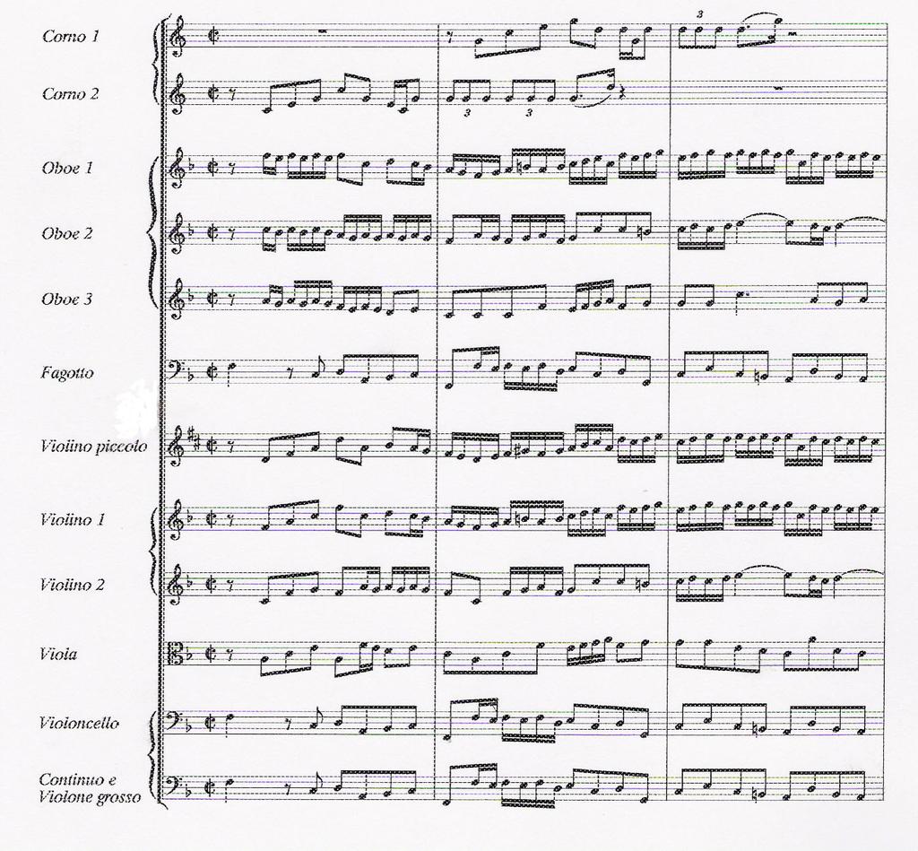 Brandenburg Concerto no.1 Fa majör : 2 korno, 3 obua ve violino piccolo için yazılmıştır. Eşlik enstrümanları olarak da 1. keman, 2.
