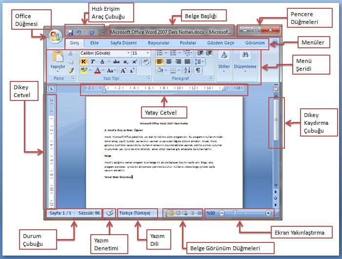 MİCROSOFT OFFİCE WORD 2007 DERS NOTLARI A. Word e Giriş ve Ekran Öğeleri Word, Microsoft Office paketinde yer alan bir kelime işlem programıdır.