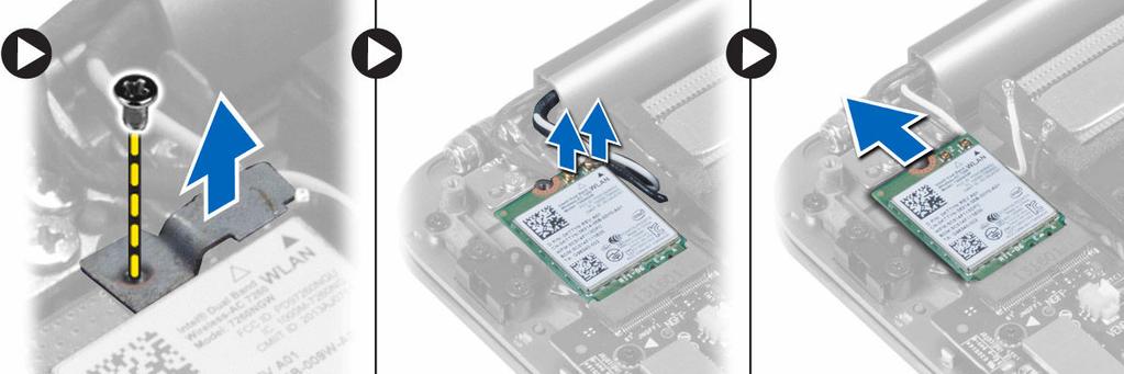WLAN Kartını Takma 1. WLAN kartı üzerindeki çentiği G/Ç kartının WLAN kartı konektöründe bulunan tırnak ile hizalayın. 2. WLAN kartını avuç içi dayanağı aksamına sabitleyen dirseği hizalayın. 3.