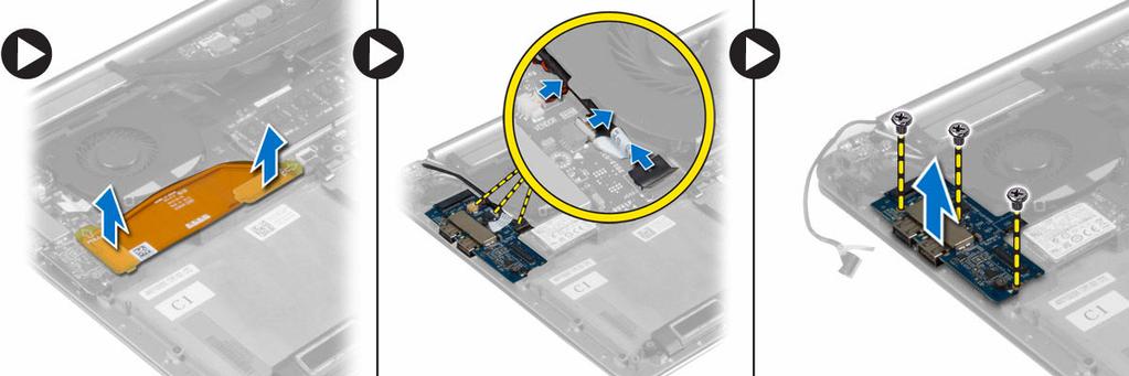 d. düğme pil 3. G/Ç kartını çıkarmak için aşağıdaki adımları uygulayın: a. Sistem kartı ve G/Ç kartının G/Ç kartı kablosuyla bağlantısını kesin. b. Kamera, fan ve düğme pili kablolarının G/Ç kartı ile bağlantısını kesin.