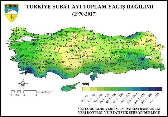 Şekil 2: 1970-2017 Devresi Şubat Ayı Yağışları (Url 1). Şekil 3: 2017 Şubat Ayı Yağışları (Url 2) 2017 Şubat ayında ülke genelinde gerçekleşen yağışın miktarı normal değerlerin oldukça altındadır.