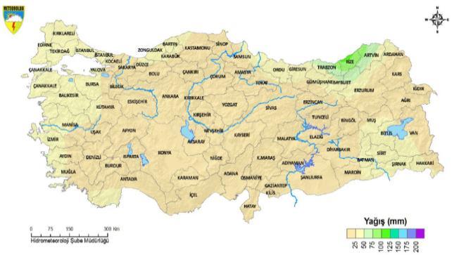 Rize ve Kırklareli illerinde normal değerlerin üzerinde olan yağışlar Akdeniz ve İç Anadolu bölgelerinde normal değerlerden %75 daha az olmuştur (Url 1-2).